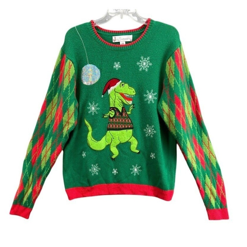 Jolly Sweaters Womens Sz L Green Ugly Christmas T-Rex Dinosaur Argyle Festive